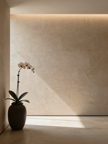 Wide interior of a minimal luxury spa anteroom, warm diffused north light falling across pale stone wall and a single orchid stem in a matte black vessel, left third framing the room edge, generous negative space to the right