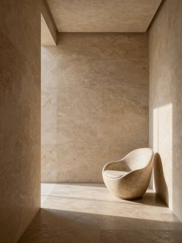 Wide shot of a considered spa interior corridor, warm north light falling across polished stone walls and a single sculptural chair to the right, deep shadow in the left third, minimal and architectural