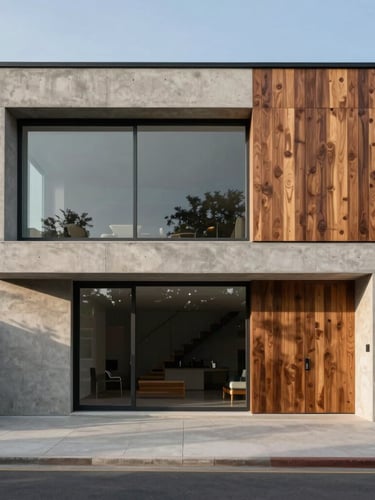 Straight-on architectural elevation of a concrete and teak modern villa, soft morning light, shadow patterns