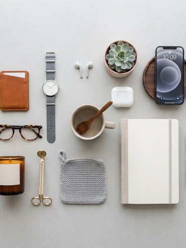 Clean flat-lay of modern home and lifestyle essentials on a light grey background, soft natural daylight, organized composition