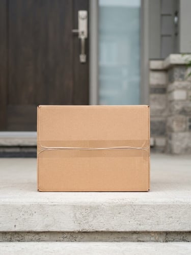 Straight-on medium shot of a clean, organized home delivery parcel on a modern Brampton doorstep, bright natural daylight, neutral background