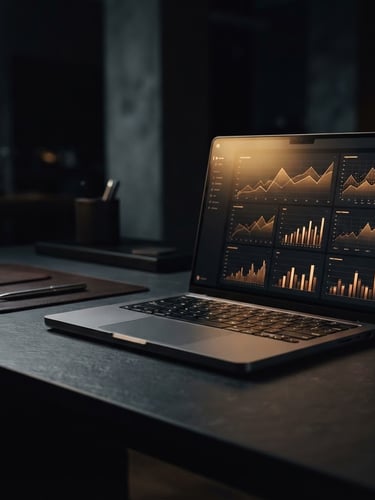 sleek dark-mode technology photography, high-end laptop displaying clean analytical charts with golden light reflections on screen, clean structured layout, 35mm lens, right third of frame, deep charcoal tones