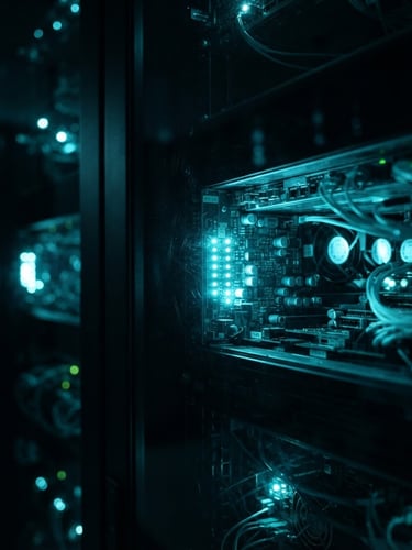 Macro close-up of dark glass reflections and cool cyan glowing server hardware, sharp focus, low-key dramatic lighting, 21:9 framing.