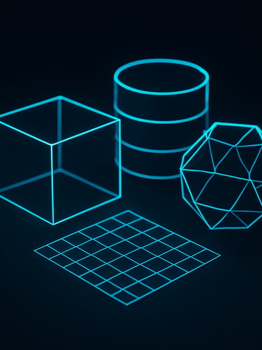 Abstract geometric data structures rendered in glowing cyan lines against a deep charcoal background, low-key dramatic lighting