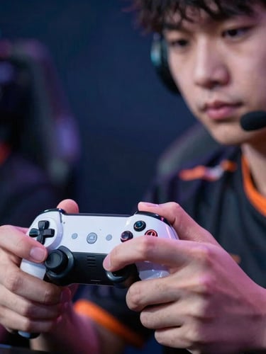 Close-up of a professional esports player's hands gripping a controller, intense focus, dramatic neon blue and orange ambient lighting reflecting on the plastic, sharp focus, 35mm lens