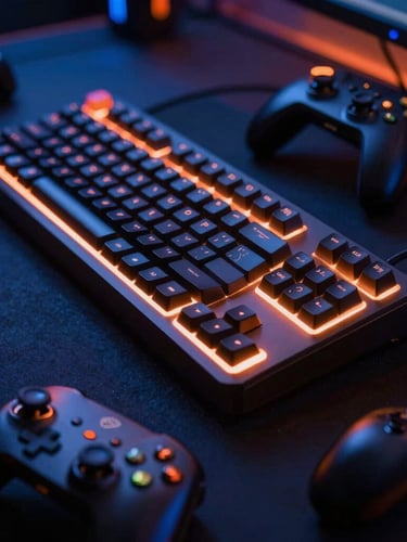 Dramatic close-up of professional gaming gear, mechanical keyboards and controllers with neon orange ambient glows, sharp focus, high contrast
