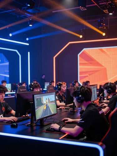 Wide environmental shot of a modern esports tournament stage, dynamic neon blue and orange ambient lighting, players focused on screens, sharp focus, 35mm lens