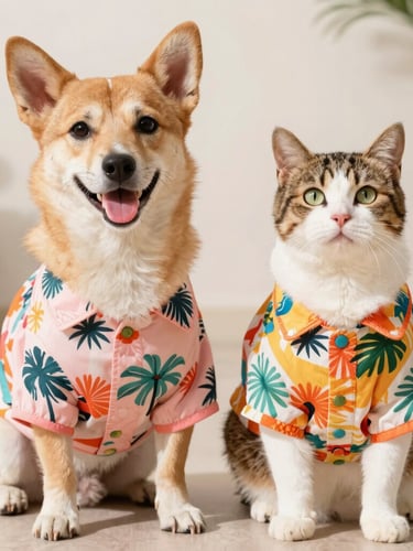 A happy dog and a cat sitting side-by-side wearing matching colorful tropical print shirts, bright cheerful pet photography, warm natural daylight, vibrant colors, shallow depth of field, crisp details