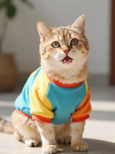 Bright cheerful pet photography, a happy cat wearing a custom-fit colorful shirt sitting comfortably under warm natural daylight, 35mm