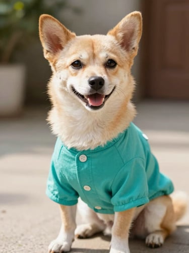 A happy small dog wearing a vibrant custom-stitched teal shirt, sitting comfortably, bright cheerful pet photography, warm natural daylight, shallow depth of field