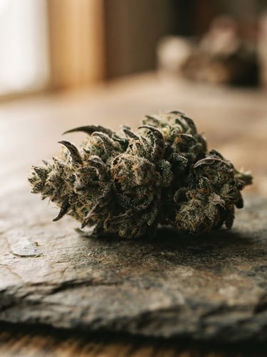 Macro shot of trichome-rich cannabis flower resting on a textured natural slate stone, soft warm window light, shallow depth of field, 35mm photography