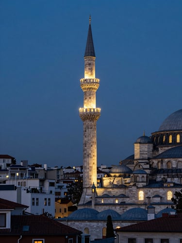 Portrait-aspect frame, blue hour over a slender minaret rising against a deep indigo sky in Istanbul, warm interior light glowing from a single arched window, rooftops of the old city layered below, no people, atmospheric and still