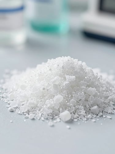 Macro close-up of pure white pharmaceutical-grade crystalline compound under bright clinical daylight, sharp focus, 35mm