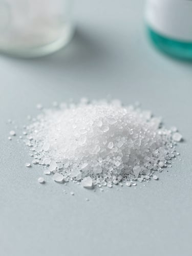 Macro photography of pure white crystalline active pharmaceutical ingredients under bright clinical daylight, sharp focus, 35mm