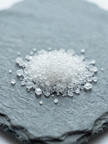 Macro photography of raw crystalline pharmaceutical compounds under bright clinical daylight, sharp focus, cool slate tones, 35mm