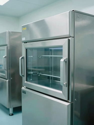 Modern cleanroom storage facility with sterile stainless steel equipment, bright clinical daylight, cool slate tones, 35mm
