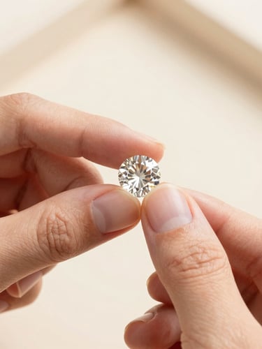 Extreme close-up of hands holding a raw diamond, showing natural skin texture, soft architectural ivory-toned background, 35mm