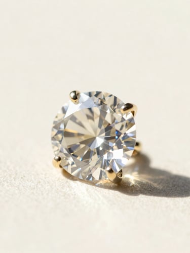 Macro shot of a brilliant-cut diamond set in solid gold, catching sharp directional daylight, clean ivory background, high-contrast 35mm editorial fashion photography