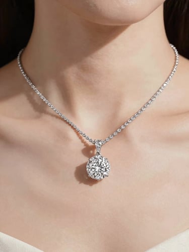 Close-up of an elegant woman's collarbone wearing a brilliant diamond solitaire necklace, soft diffused daylight, sharp diamond sparkle, high-contrast 35mm editorial photography