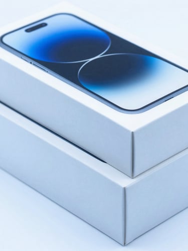 Crisp high-key product photography of premium smartphone boxes stacked neatly, cool blue studio lighting, sharp focus, macro details