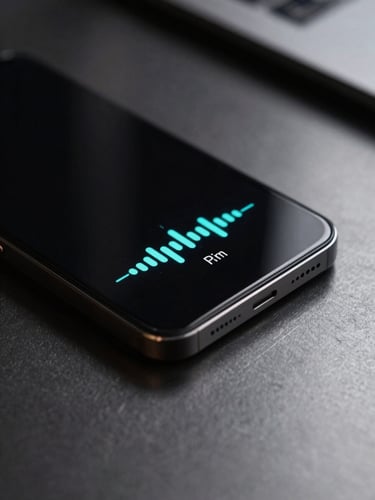 A close-up of a sleek black Android device resting on a dark steel desk, displaying a minimalist custom volume widget with electric cyan indicators under moody studio lighting.