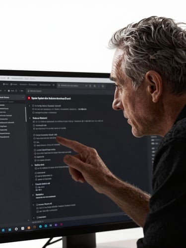 Close-up portrait of a senior system architect analyzing a clean, high-contrast dark mode user interface on a monitor, dramatic studio lighting, sharp focus, 35mm lens