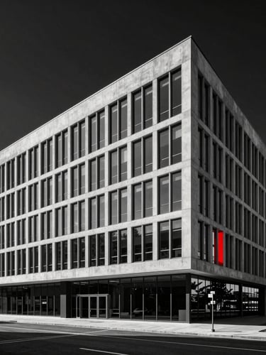 Wide architectural perspective of a minimalist concrete and glass tech headquarters, high-contrast dramatic studio lighting, sharp focus.