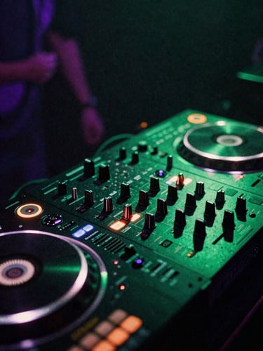 Close-up of a DJ mixer in a dark club, illuminated by neon green and purple stage lights, deep shadows, gritty 35mm film grain, high contrast.