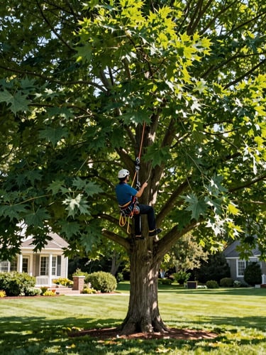 A certified arborist high in a massive maple canopy using precise low-impact rigging techniques, crisp morning sunlight, pristine estate lawn visible far below.