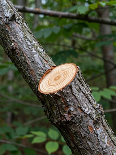 Extreme close-up of a clean, surgical arborist cut on a thick tree limb, showing healthy bark rings under soft overcast morning light, pristine detail.