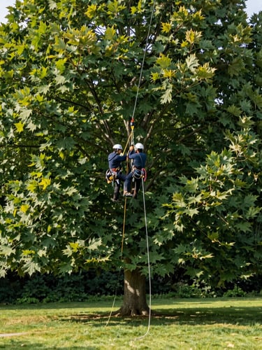 Wide environmental shot of a professional arborist using high-tensile rigging lines high up in a massive maple canopy, pristine lawn visible below, crisp morning light.