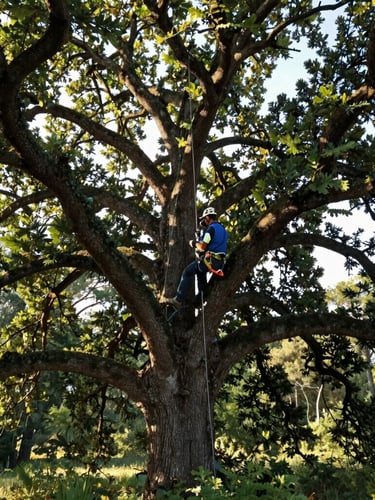 Crisp morning sunlight filtering through the sprawling canopy of a massive mature oak tree, a certified arborist in professional safety gear climbing with precise rigging lines, wide environmental shot.