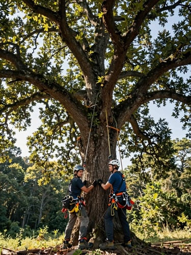 Low-angle portrait of two professional arborists in safety gear standing beneath a majestic mature oak tree, crisp morning sunlight filtering through the canopy, wide-angle lens, highly detailed.