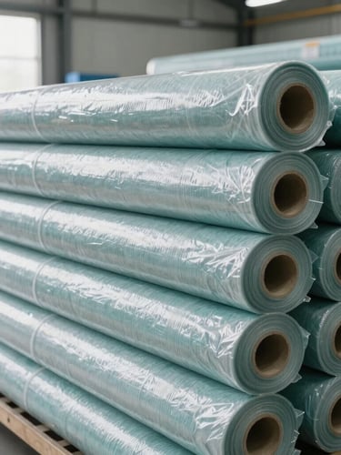 Clean rolled carpets wrapped in protective film, stacked neatly in a bright industrial warehouse, professional quality control inspection, 35mm