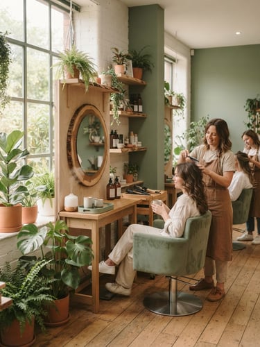 Soft interior shot of a serene salon featuring botanical elements, natural wood, and warm diffused window light, sage green accents