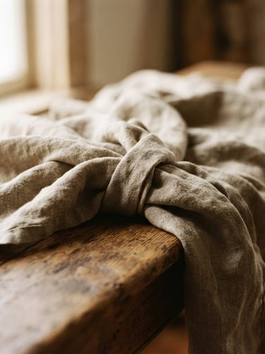 Close-up of raw, rumpled oatmeal linen fabric draped over a wooden bench, soft morning window light, shallow depth of field, 35mm film style