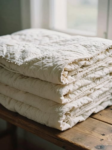 A folded stack of organic cotton quilts showing raw edges, draped over a rustic wooden bench in soft morning window light, 35mm film