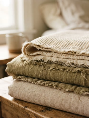 Close-up of folded organic cotton bed quilts showing raw edges, soft morning window light, shallow depth of field, warm editorial photography