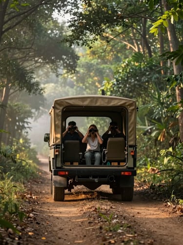 An open-top gypsy vehicle parked quietly on a dusty forest track, guests looking through binoculars into the dense green canopy, misty dawn light