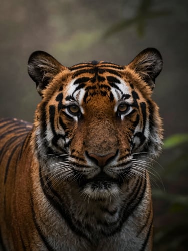 Telephoto close-up of a Bengal tiger's eyes in the high-contrast forest canopy shadows, misty dawn light, rich earth tones, shallow depth of field, 35mm