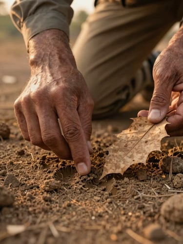 Close-up of a local naturalist tracker's hands holding a dry leaf, pointing out a fresh pugmark in the dusty soil of Ranthambore, low-angle golden hour light, 35mm