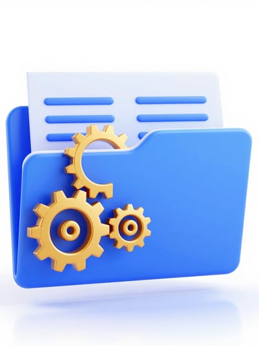 Sleek 3D vector illustration of a structured curriculum folder with gold gears and blue document sheets floating, soft glassmorphism textures, high-key studio lighting