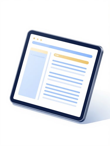 Sleek 3D vector illustration of an open tablet showing editable document templates, soft glassmorphism textures, ambient gold and blue lighting, clean white workspace background