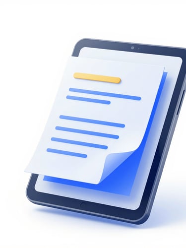 A sleek 3D vector illustration of editable educational document mockups floating over a digital tablet, clean corporate blue and gold palette, soft glassmorphism textures, high-key studio lighting, generous negative space, white background