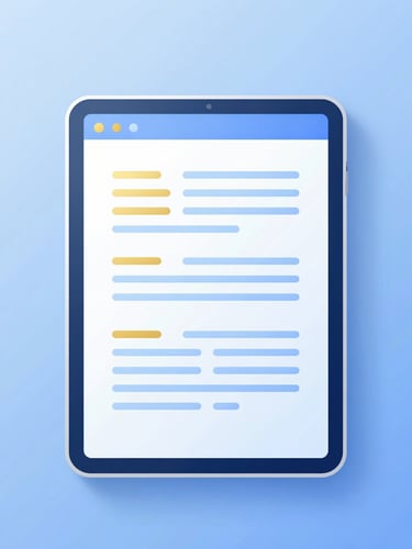 Sleek 3D vector illustration of a digital tablet displaying editable document templates, clean corporate blue and gold palette, soft glassmorphism textures, high-key studio lighting