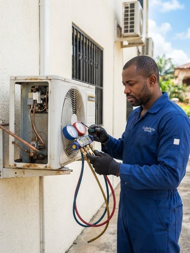 Medium shot of a professional HVAC technician in a clean blue uniform inspecting an air conditioning unit on a bright exterior wall in Malabo, natural daylight, crisp focus