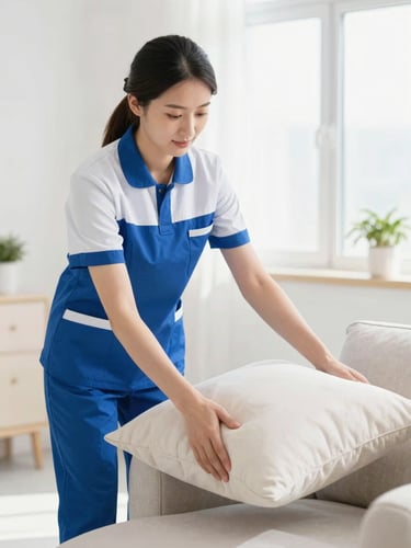 A professional housekeeping staff member in a clean blue and white uniform adjusting a cushion in a bright modern living room, focused and professional expression, natural daylight