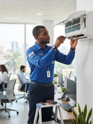 Bright corporate photography of a professional technician in a clean blue uniform adjusting a modern air conditioning unit in a bright Malabo office, natural daylight, sharp focus.