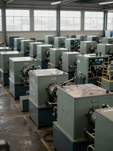 Wide environmental shot of an organized mid-market manufacturing facility, heavy machinery in desaturated green and slate grey tones, natural overcast daylight filtering through high windows
