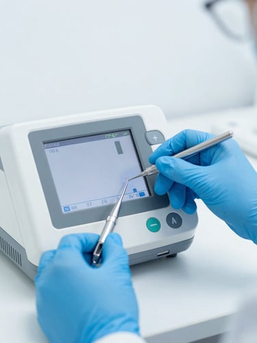 Macro shot of a technician in a sterile white lab, wearing blue nitrile gloves, calibrating a modern digital CPAP device screen with precise tools, cool clinical lighting.